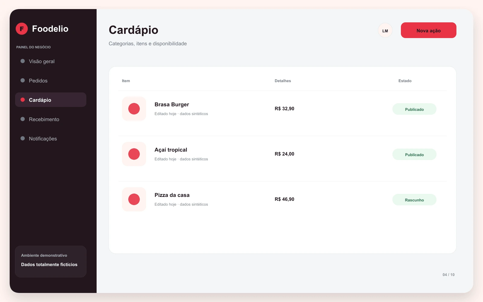 Prévia da área de gestão dos itens e categorias do cardápio.