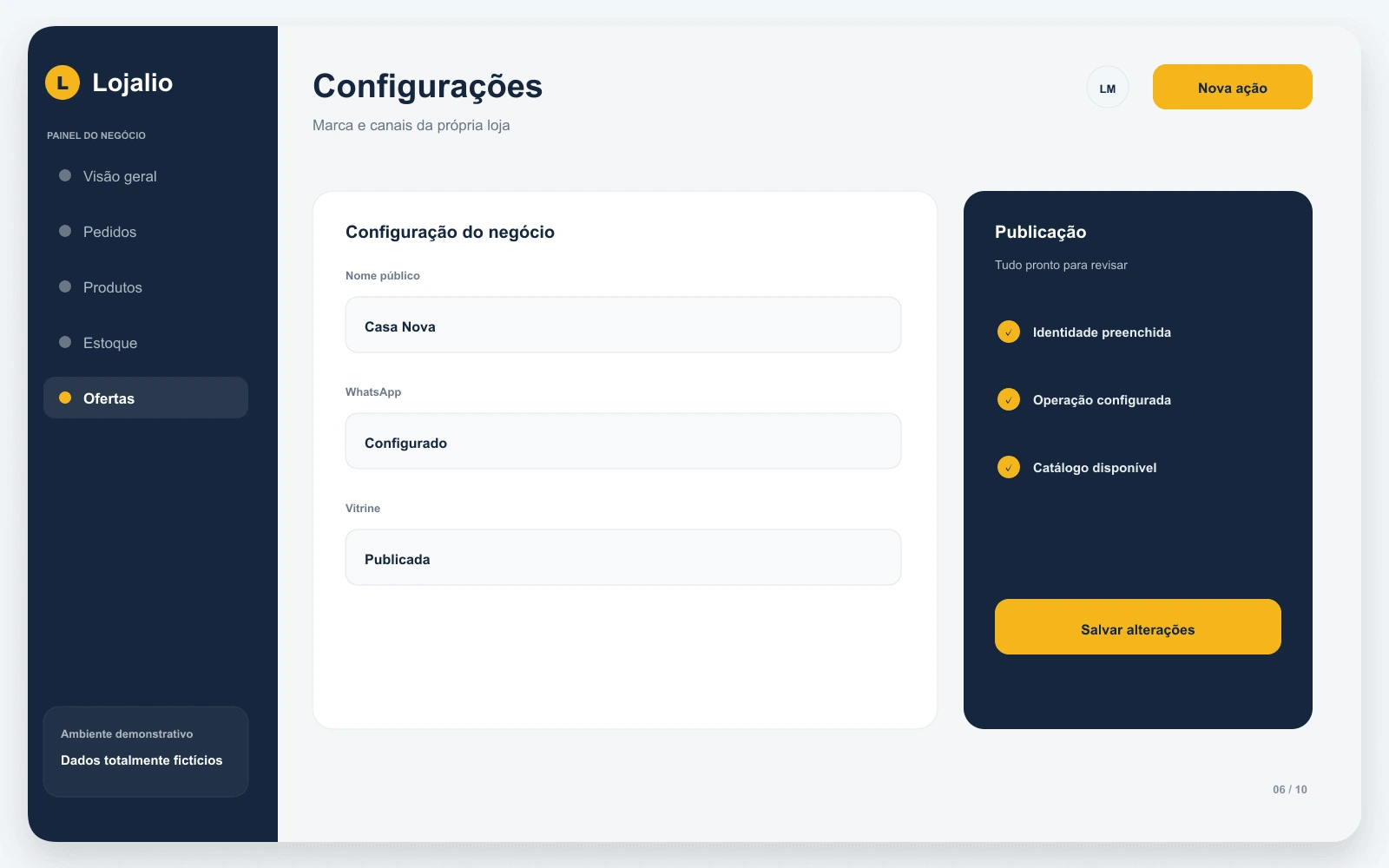 Prévia das configurações de marca e canais de comunicação.