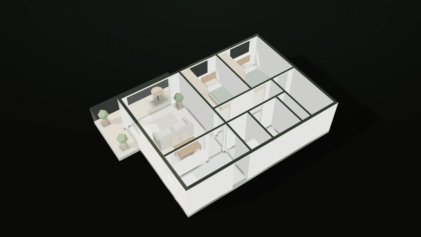 Maquete branca do apartamento fictício, com as paredes cortadas, vista de cima em perspectiva.