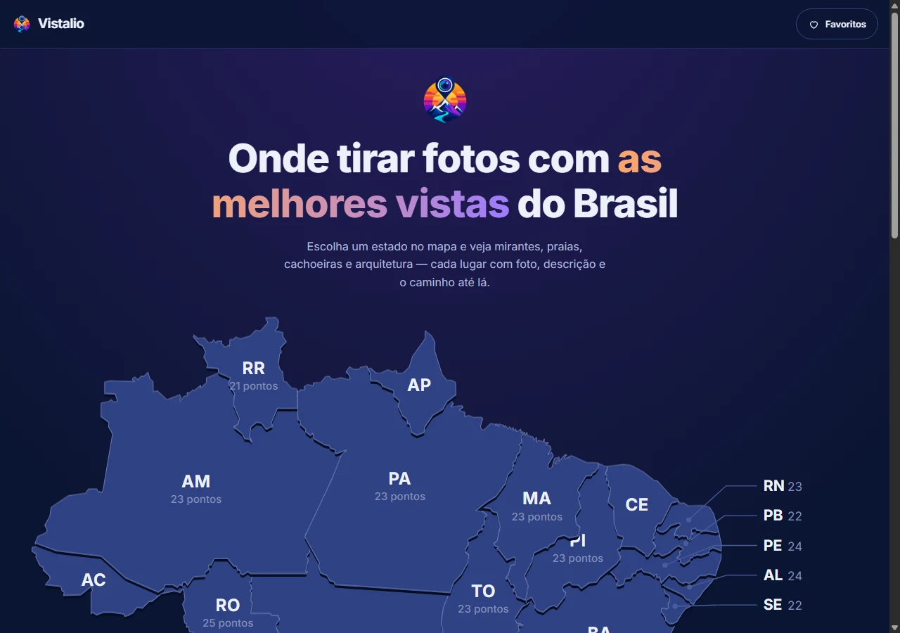 A home do Vistalio: sobre um fundo azul-noite, o título "Onde tirar fotos com as melhores vistas do Brasil" e o mapa do Brasil em relevo, cada estado como um ladrilho com a sigla e a quantidade de pontos. Os estados pequenos do Nordeste têm o rótulo puxado por linha de chamada até a margem.