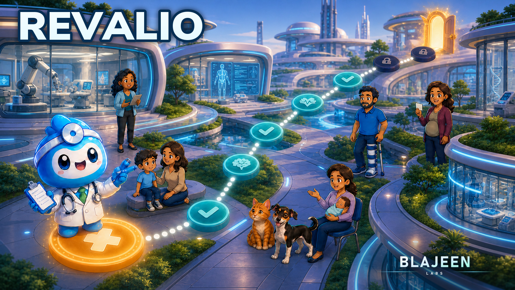 Key art do Revalio: campus médico futurista com uma trilha contínua de nós que atravessa o elenco do jogo e termina em uma porta iluminada. A arte traz o título REVALIO e a assinatura Blajeen Labs.