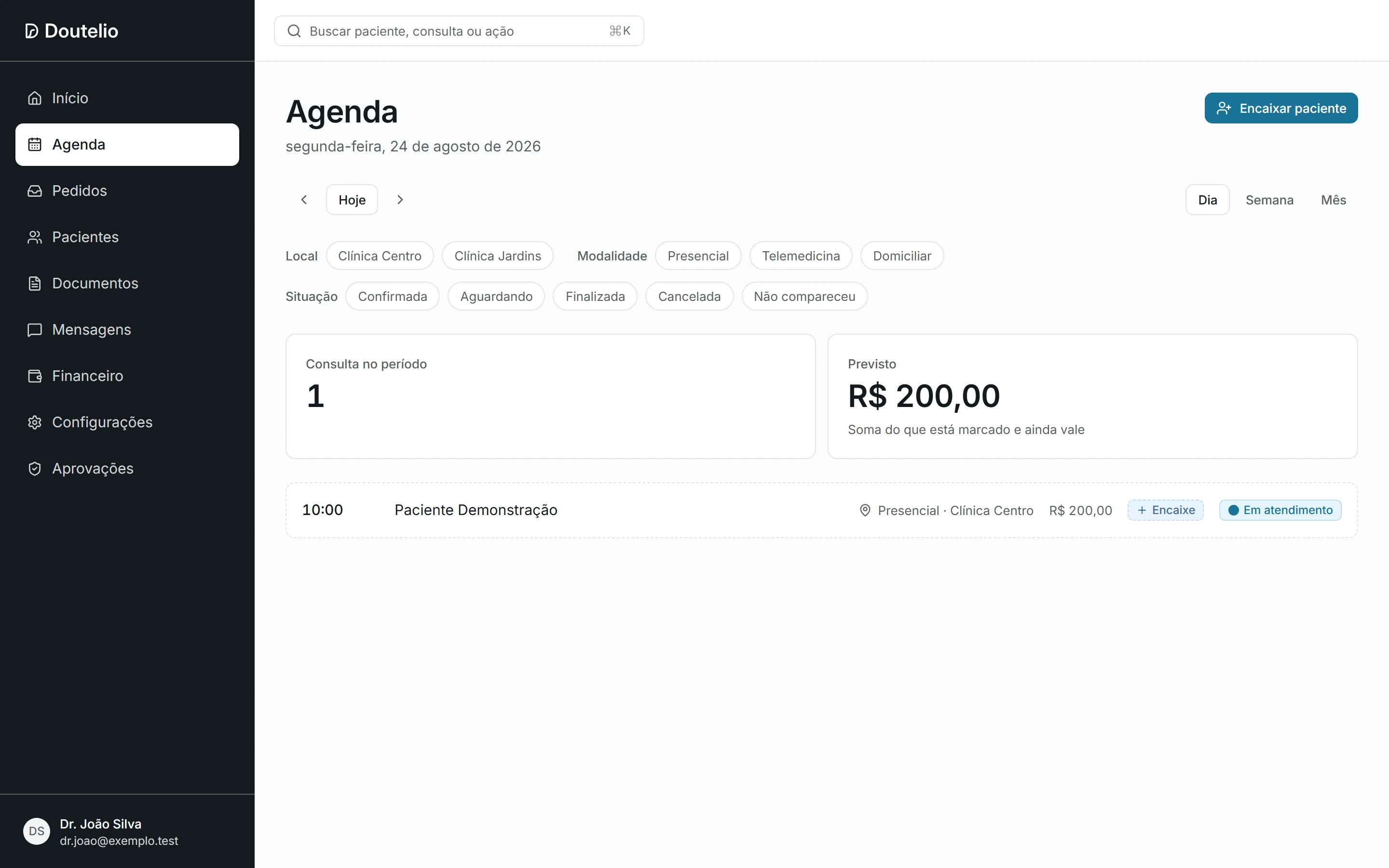 Visão demonstrativa dos horários e atendimentos do consultório.