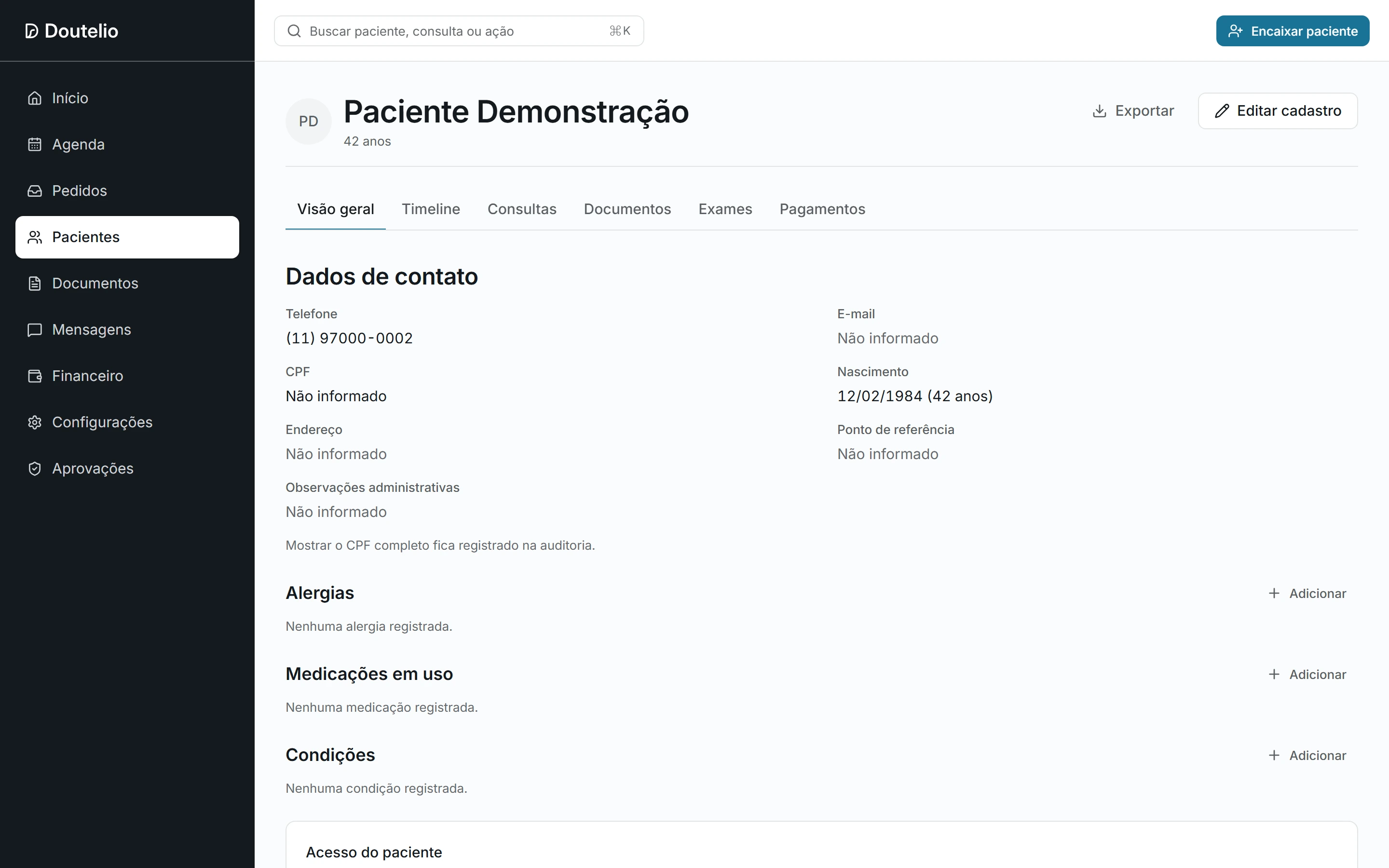 Prontuário demonstrativo com os registros e as informações do atendimento.