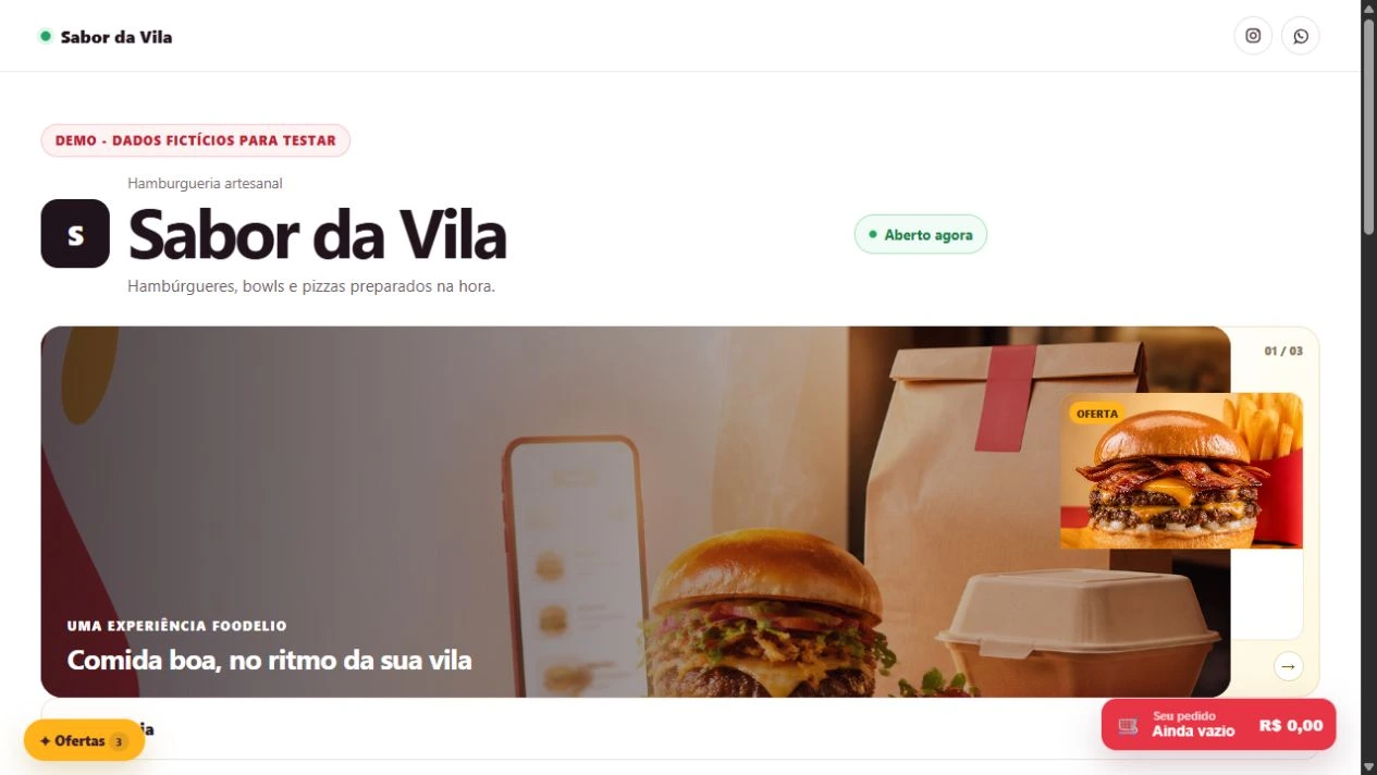 Cardápio público do Sabor da Vila, a demonstração do Foodelio.