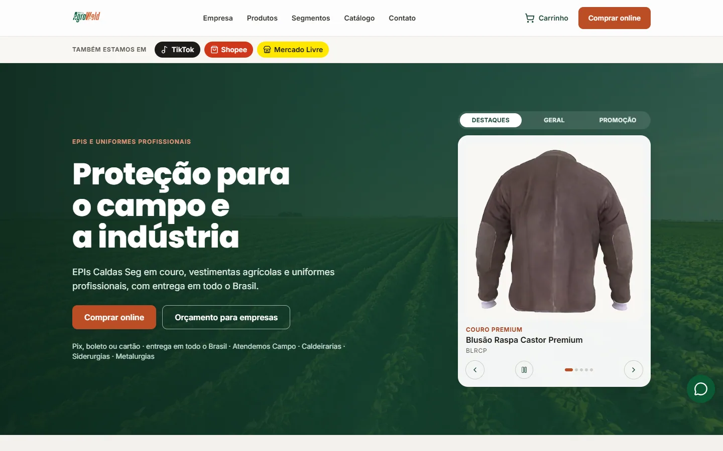 Página inicial da Agro Weld com apresentação da marca e dos produtos.