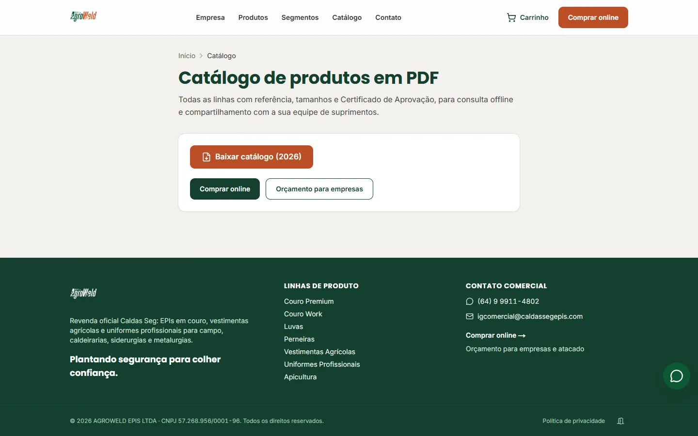 Catálogo de produtos da Agro Weld.