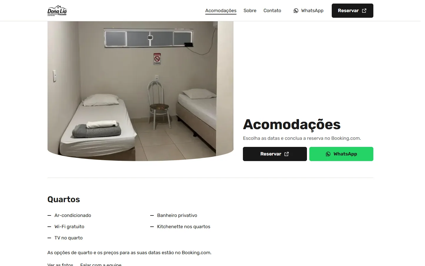 Página das acomodações da Pousada Dona Lia.
