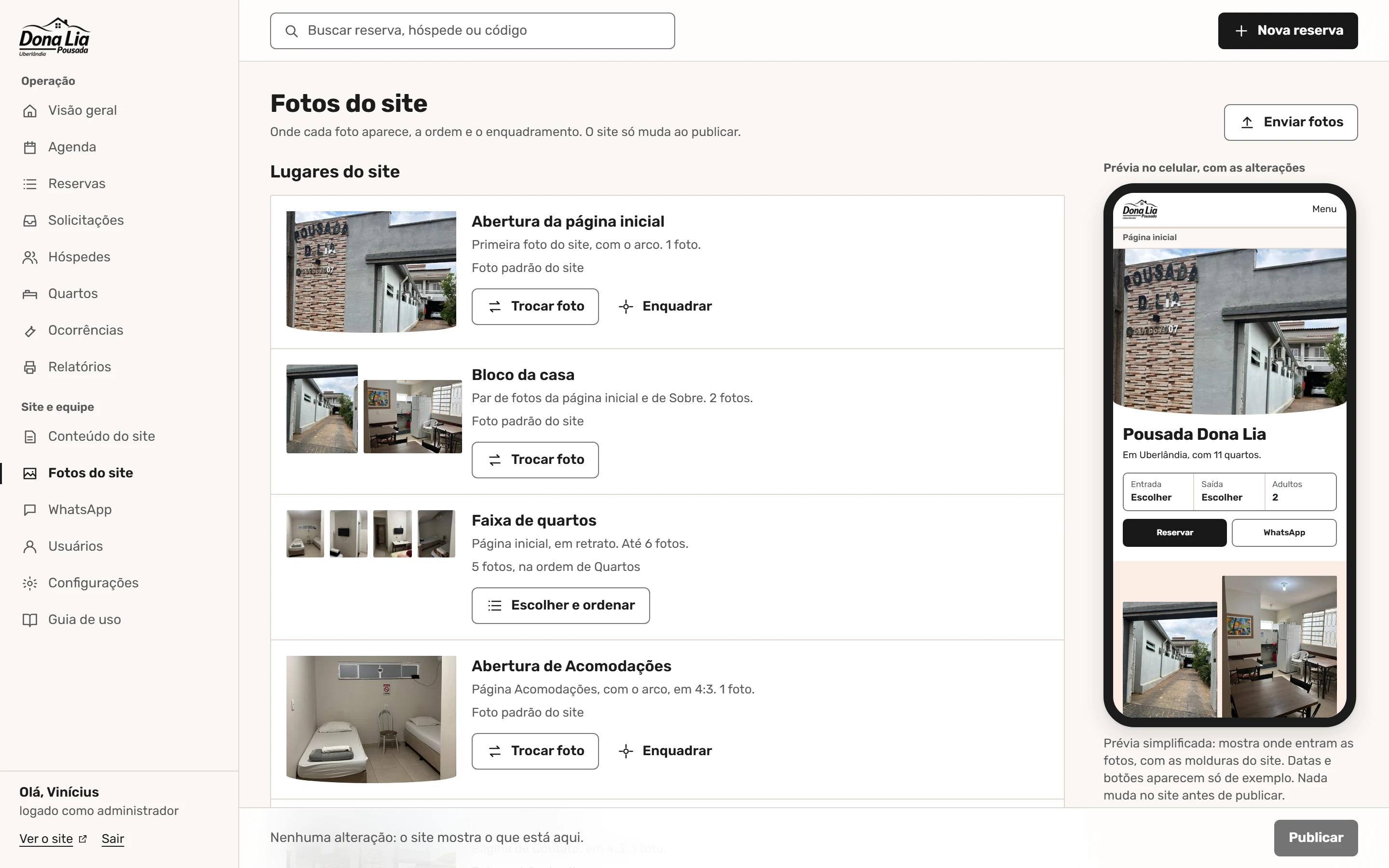 Painel da Dona Lia: gestão de fotos com prévia do site no celular.