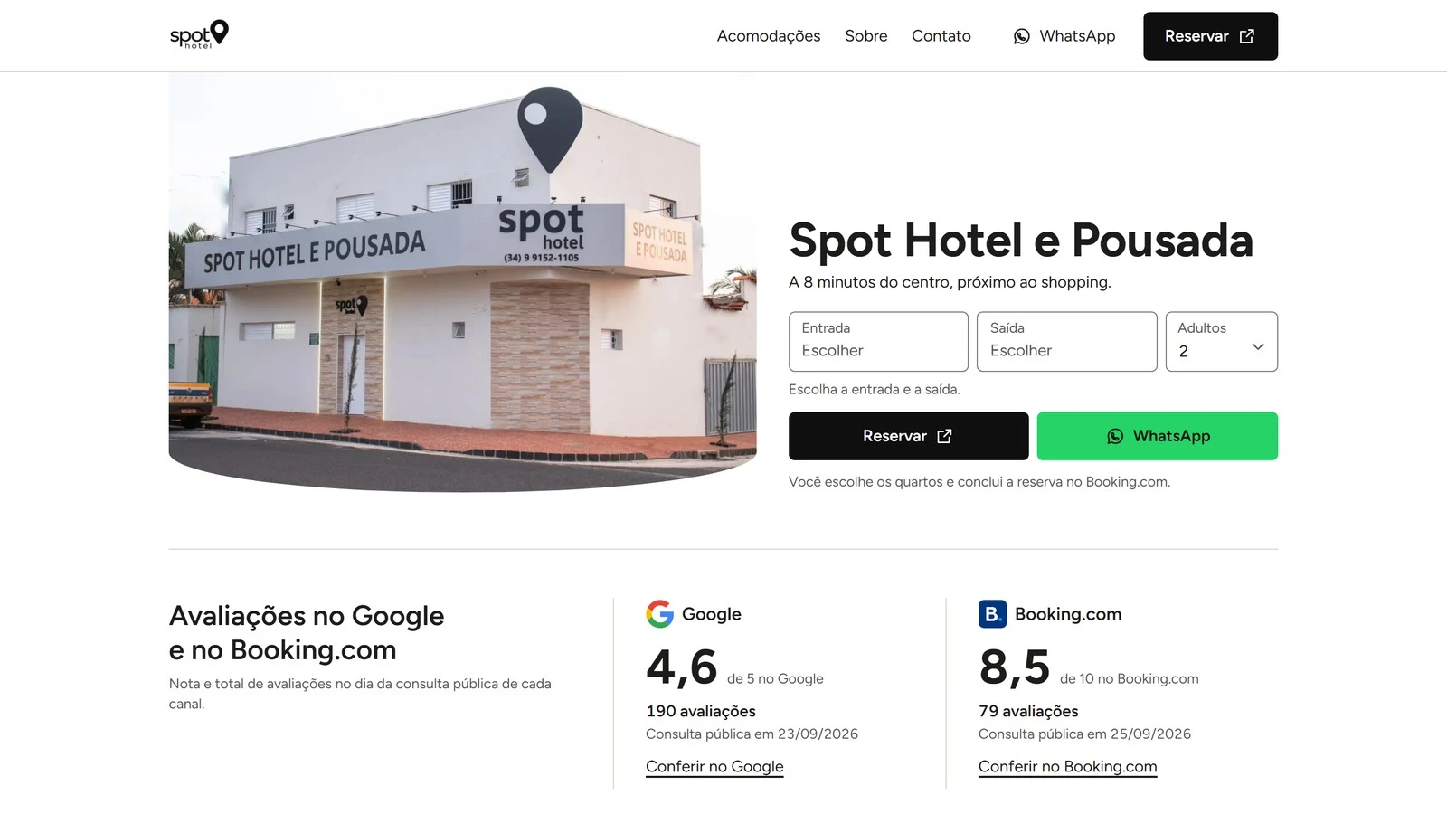 Página inicial do Spot Hotel e Pousada apresentando a hospedagem.