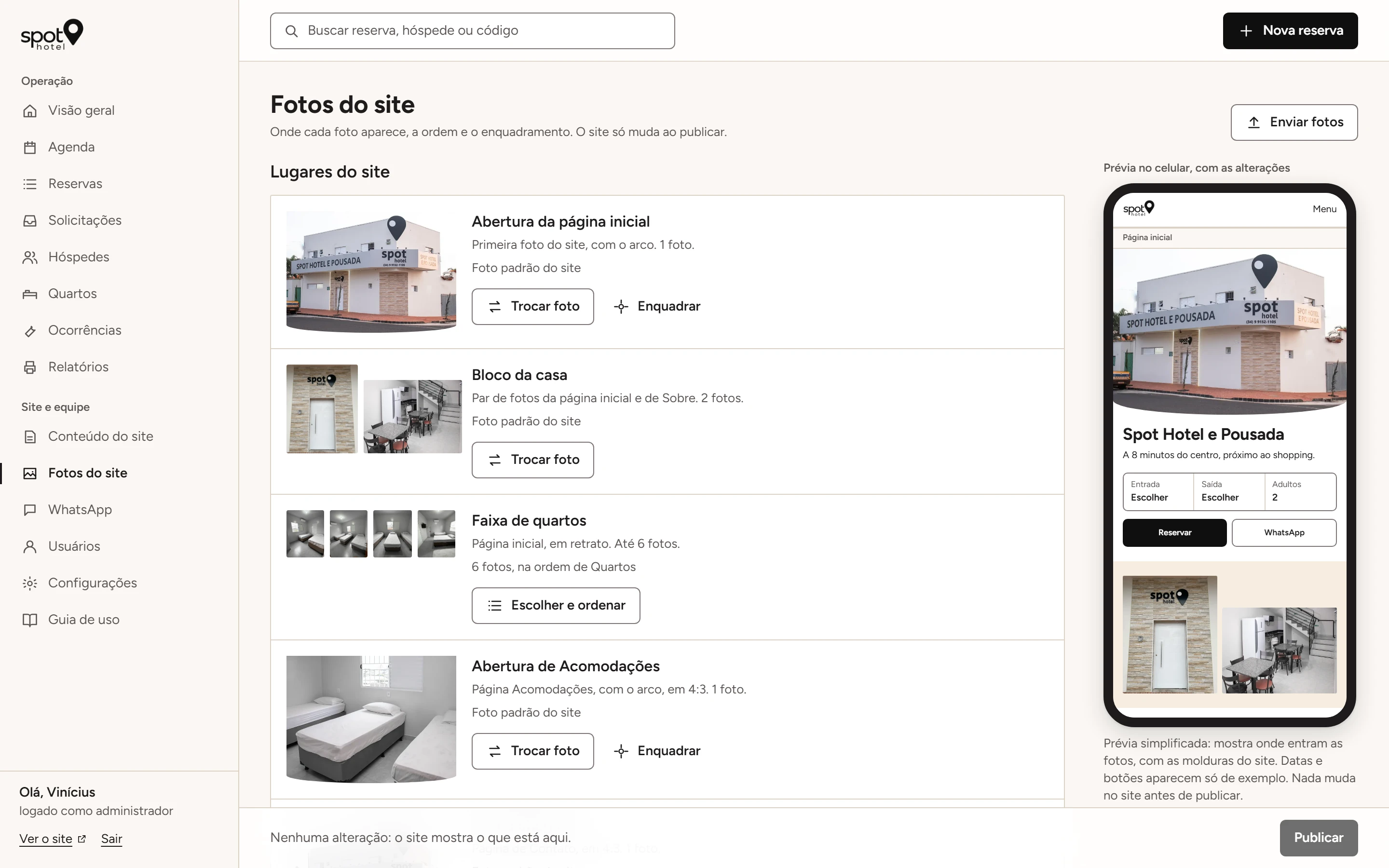 Painel do Spot: escolha das fotos, ordem e enquadramento com prévia do site no celular.
